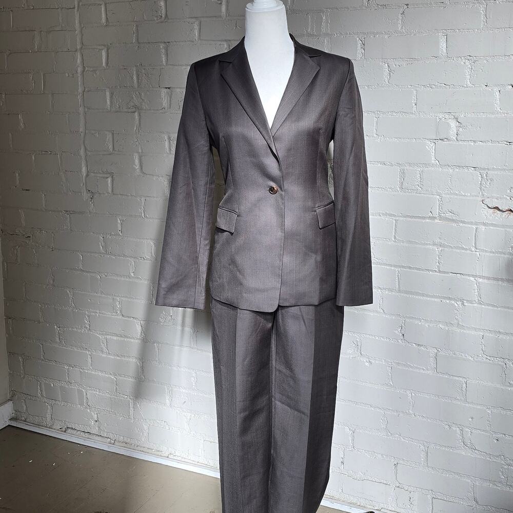 MICHAA Wool Silk 2 Piece Suit Set Blazer Wide Leg Trousers Olive Grey S